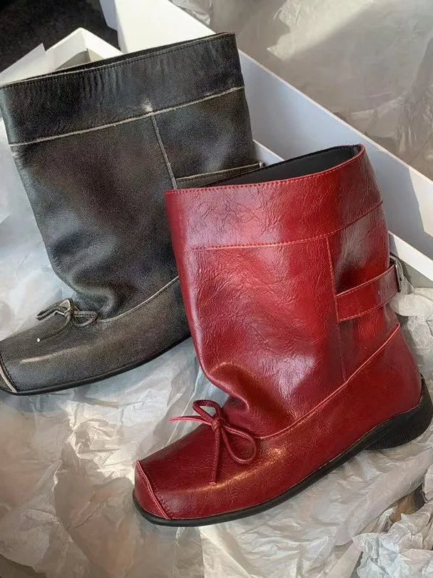 Retro Square Head  Knot Thick Heel Ballet Style Short Boots Slimming Large Tube Western Cowboy Boot Tube Mid-Calf