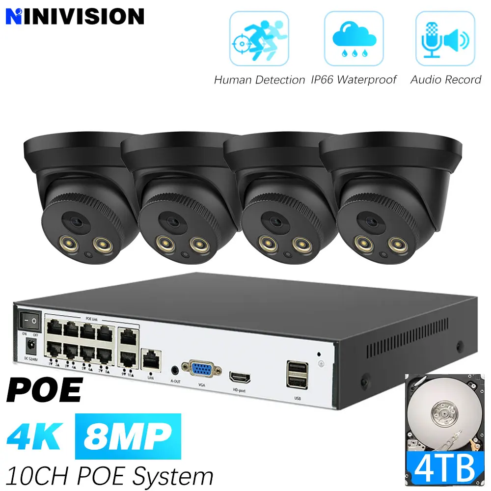 4K 8MP POE Security IP Camera System 10CH P2P Video Surveillance Kit Audio Recording Ai Human Detection Color Night Vision XMeye