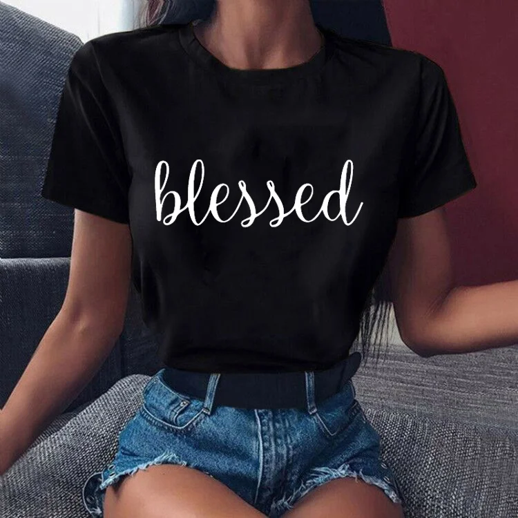 

Women's Fashion Printed Blessed Print T-shirts Summer Casual Loose Round Neck Creative Personalized T-shirts