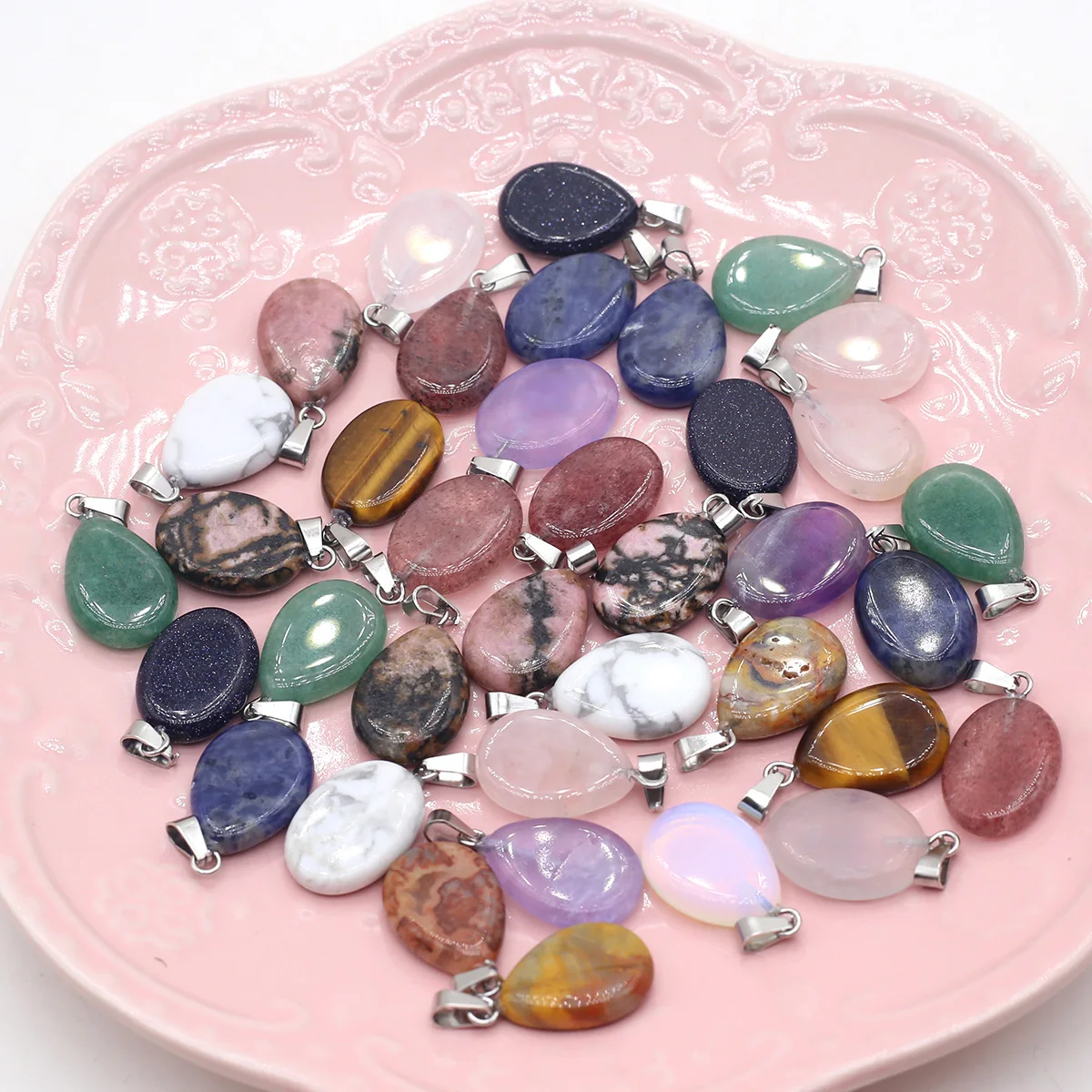 Natural Crystal Agate Stone Pendant Oval Shape Gemstone Exquisite Charms for Jewelry Making DIY Necklace Earring Accessories