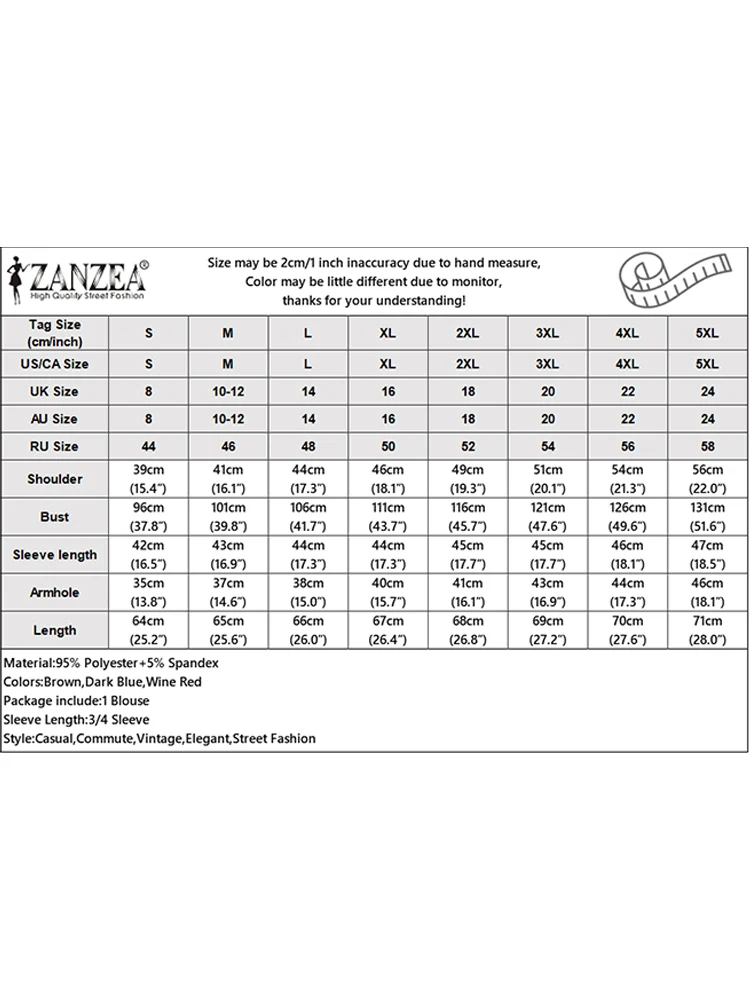 ZANZEA レディース エレガント 七分袖 ランタンスリーブ オフィスブラウス 2026 春夏ブラウス おしゃれ 無地 OL ワークシャツ カジュアル Oネック トップス