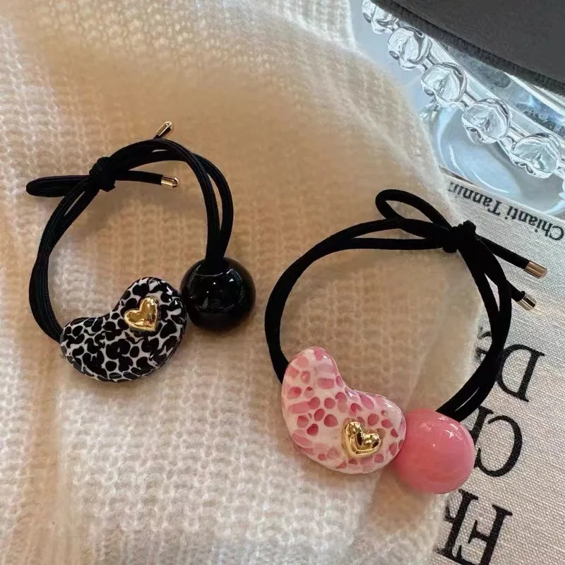 Black Powder Love Hair Ties Headband Women's 2025 New High-elastic and Durable Heart Rubber Band Hair Rope New Headwear