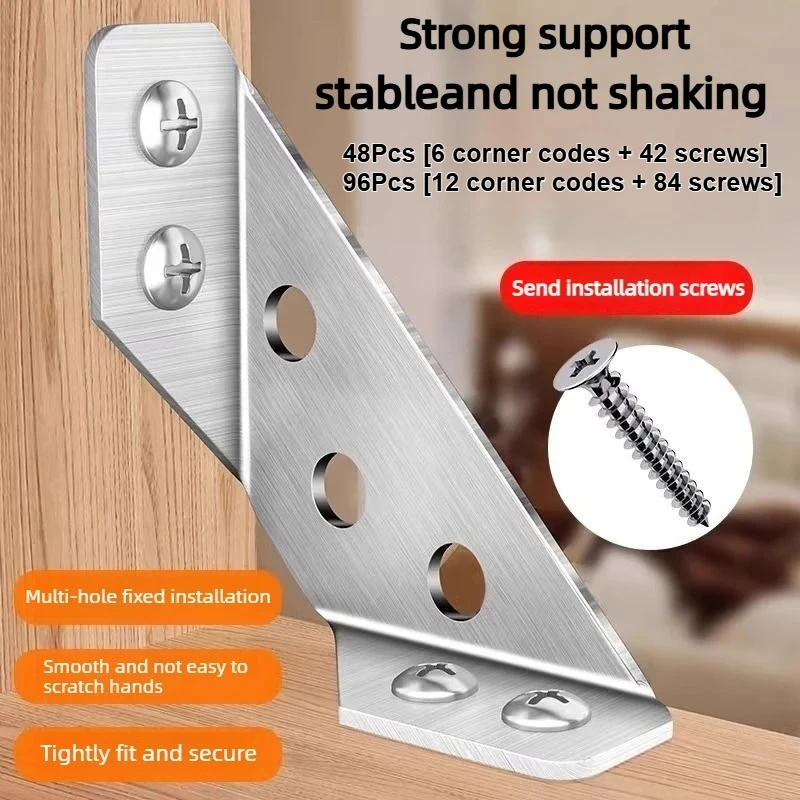 6/12 Set Thickened Stainless Steel 90-Degree Angle Bracket, Right-Angle Fixing Bracket, Three-Side Fixator，with screws
