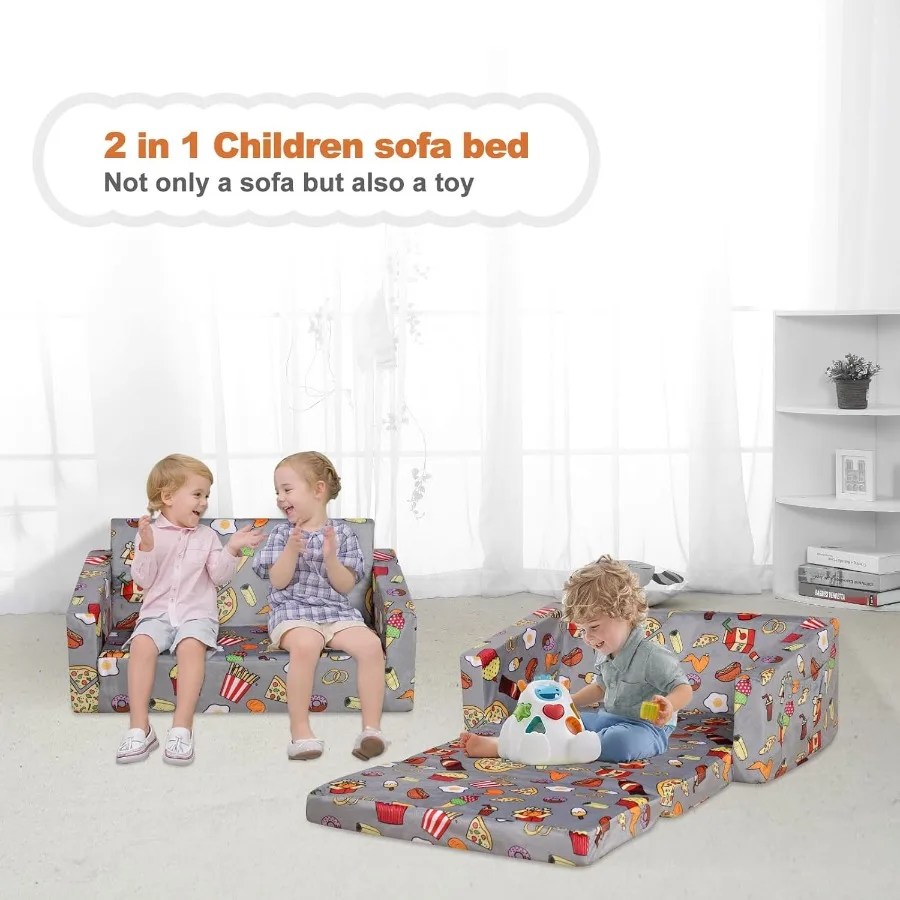 2 in 1 Convertible Foam Kid Sofa Couch for 's Room Velvet Toddler Sofa Chair with Side Pocket Storage Easy to Transform from So