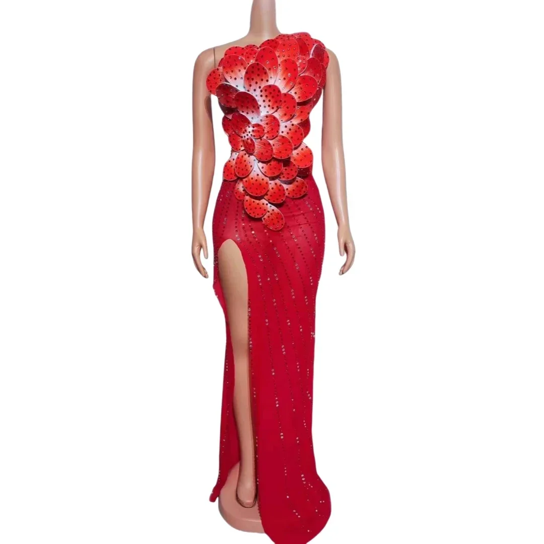 

Cheongsam Style Red Flower Sparkly Rhinestone Floor Long Dress For Women Sleeveless Split Dressy Wedding Evening New Year Outfit