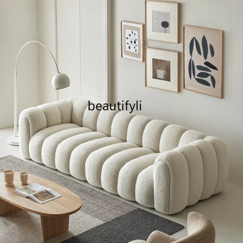 

A15 Sheep Fabric Sofa French Cream Style Lambswool Small Apartment Living Room Straight Row Three-Seat
