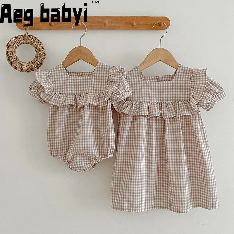 

Retro Baby Girls Clothes Summer Girls Dress Plaid Short Sleeve Cotton Baby Romper Toddler Princess Dress Matching Sister Outfit