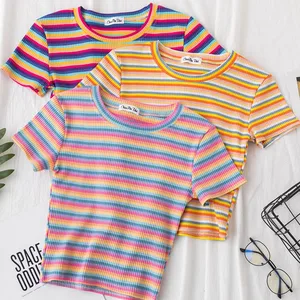 Slim phù hợp với áo phông sọc cầu vồng, áo cánh Harajuku, tay áo ngắn, quần áo phụ nữ, tiếng Hàn, mùa hè, mới 8 Quần áo bán hàng chính Arch Iris - №4