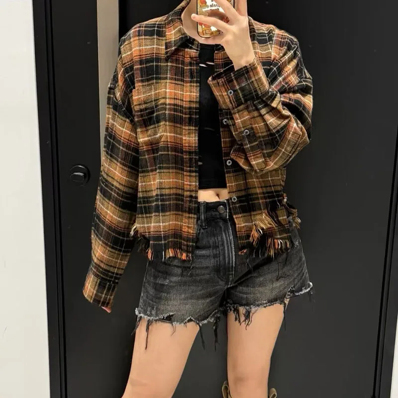 2026, New Arrival, Women's Checkered Washed Frayed-Edge Shirt, Fashionable Casual Loose-Fit Top, High-Quality 100% Cotton Shirt,