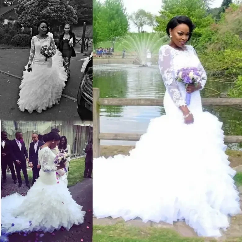 Customized South African Black Girls Country Plus Size Long Sleeves Mermaid Wedding Dress Puffy Vestidos