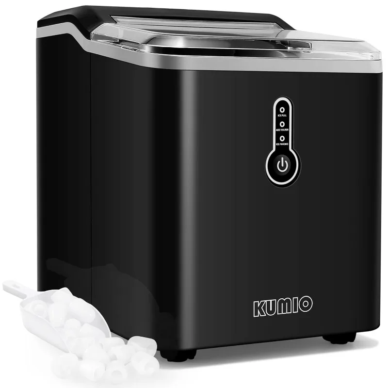 

KUMIO Ice Makers Countertop, 9 Thick Bullet Ice Ready in 6-9 Mins, 26.5 Lbs in 24Hrs, Portable Maker with Ice Scoop and Bask