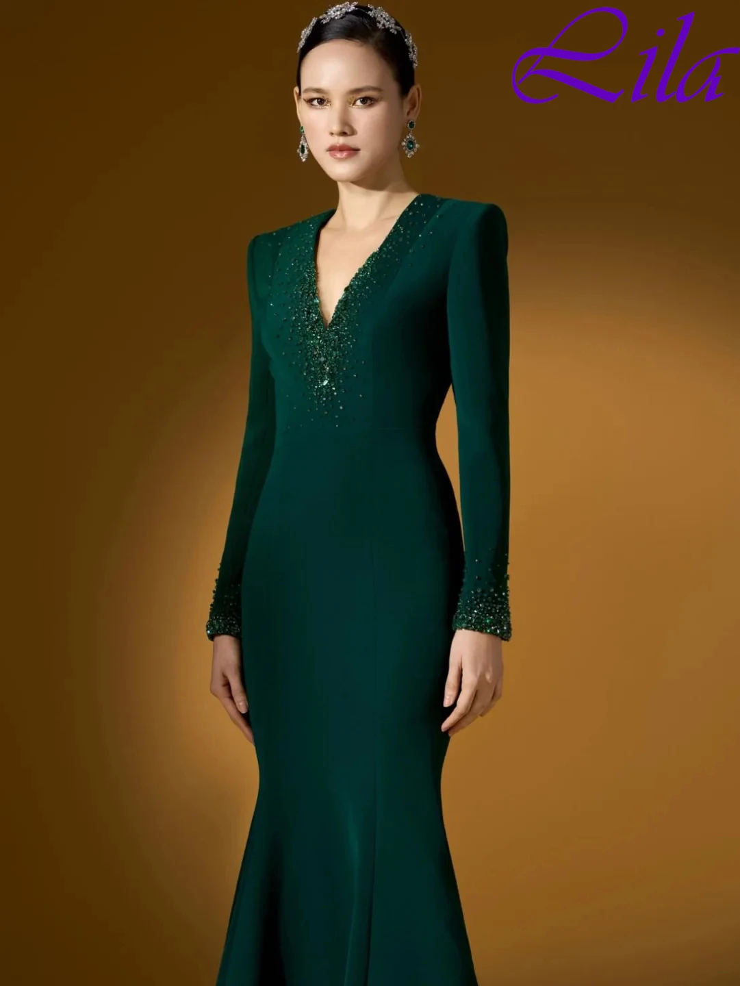 تخصيص حورية البحر الخامس الرقبة طويلة الأكمام فستان سهرة رسمي أنيق دقيق مناسبة مخصصة أثواب موضة فساتين المشاهير