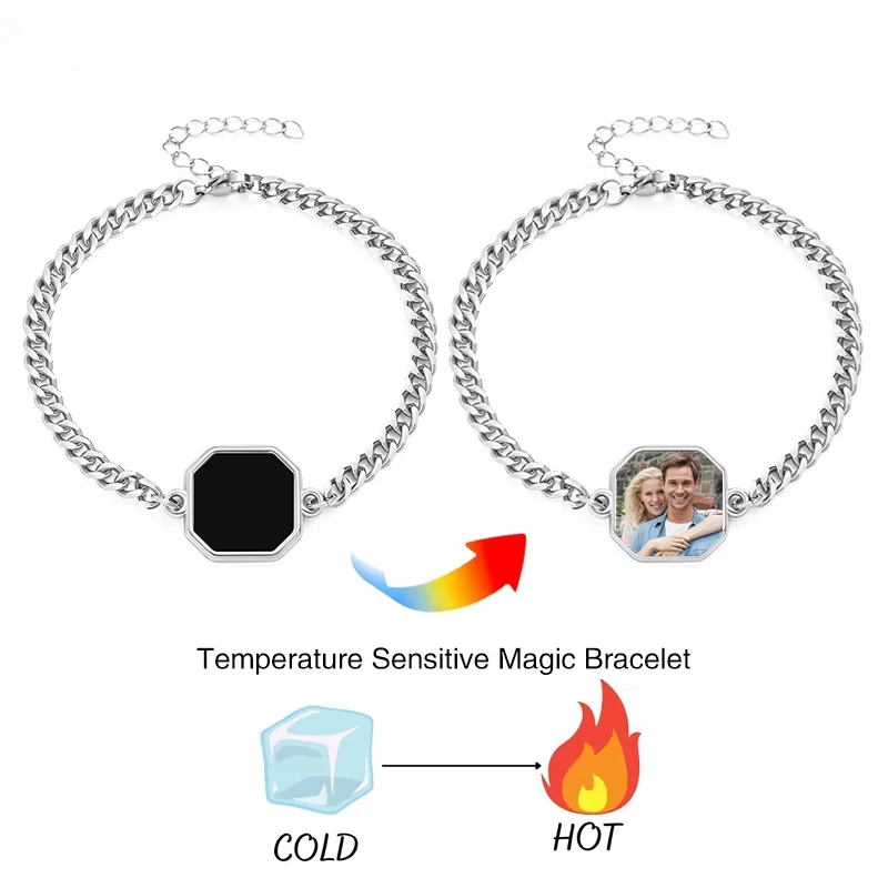 Personalized Picture Square Bracelet for Women Men Custom Photo Heat Activated Magic Memory Bracelet Trendy Hi-pop Jewelry Gift