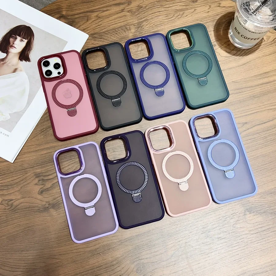 Frosted Skin Feel Magnetic Wireless Charging Phone Case for iPhone 16 15 14 13 12 11 Wave Point Anti-skid Kickstand Case Cover