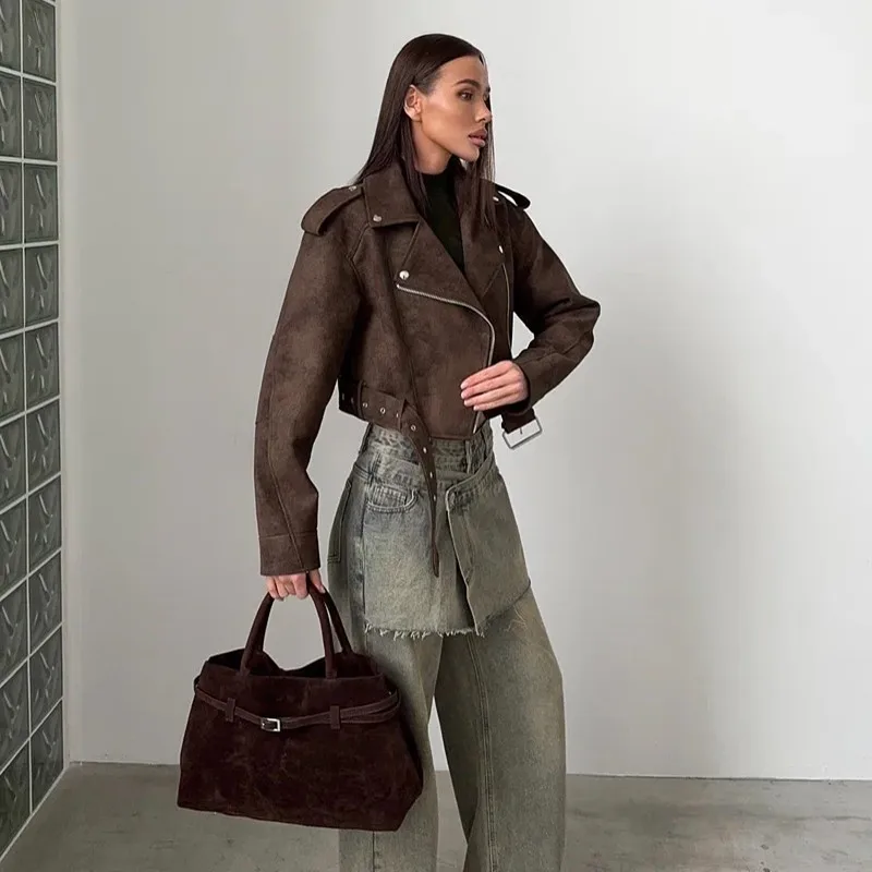   autunno e inverno nuove donne abbigliamento retrò risvolto allentato manica lunga decorazione con cerniera con cintura giacca a vita alta