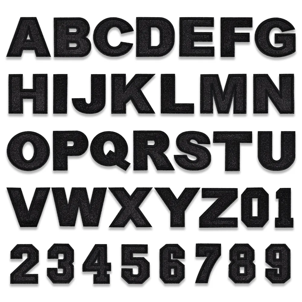 Glitter Embroidered Black Letters & Numbers Iron-on Patches Sans Serif Alphabet Arabic Numerals DIY Code & Name Thermo Appliques