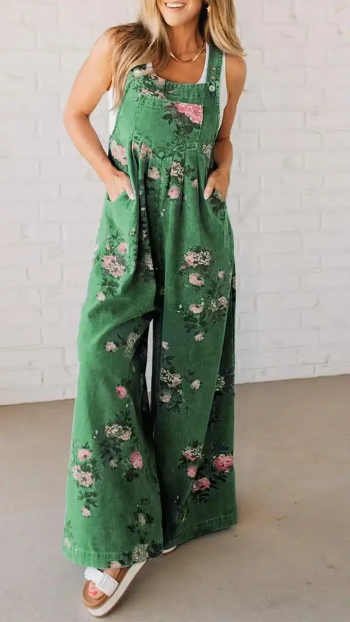2025 ฤดูร้อนสไตล์ใหม่ลําลองผู้หญิง Overalls แฟชั่นดอกไม้พิมพ์สแควร์คอกระเป๋าหลวมสลิงกางเกง Holiday Party