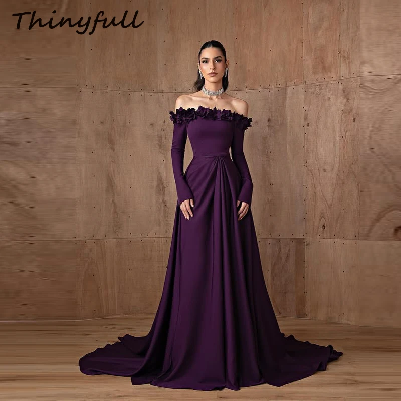 

Thinyfull A-line 3D Flowers Prom Dresses Off Shoulder Dubai Evening Dress Formal Occasion Gown robes de soirée Customized