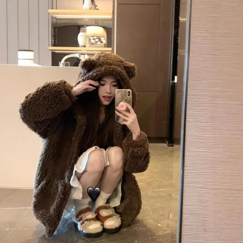 Y2K المرأة السوداء القط الأذن مقنعين سترة الجمالية المتضخم الشارع الشهير معطف شتاء جديد دافئ الجرونج سستة رداء علوي غير رسمي الموضة #1