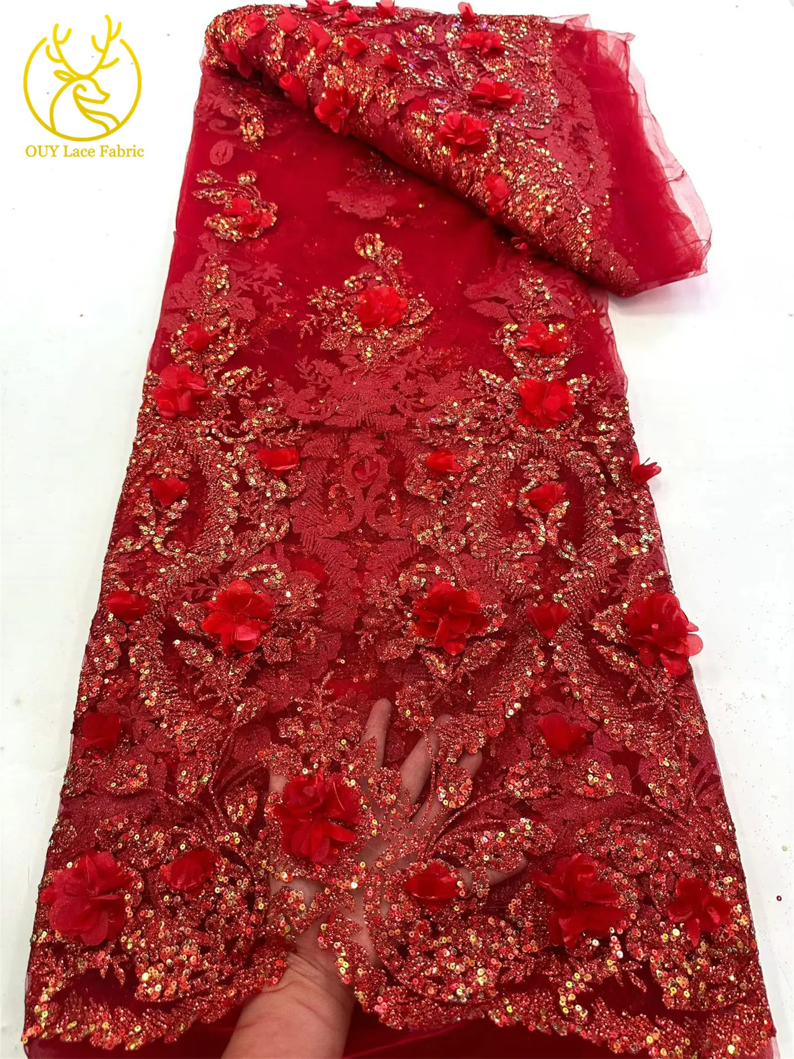 Neuer Stil Afrikanischer 3D-Applikations-Spitzenstoff 2026 Nigerianischer Glitzer-Pailletten-Spitzenstoff für Abschlussball- und Hochzeitskleider zum Nähen, 5 Yards – Detail 10