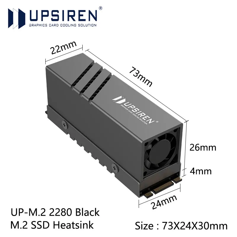 Dissipateur thermique UPSIREN UP-M.2 2280 noir pour SSD / Matériau en alliage d'aluminium / Ailettes de dissipateur thermique / Refroidissement actif / Convient pour l'installation de SSD 2280
