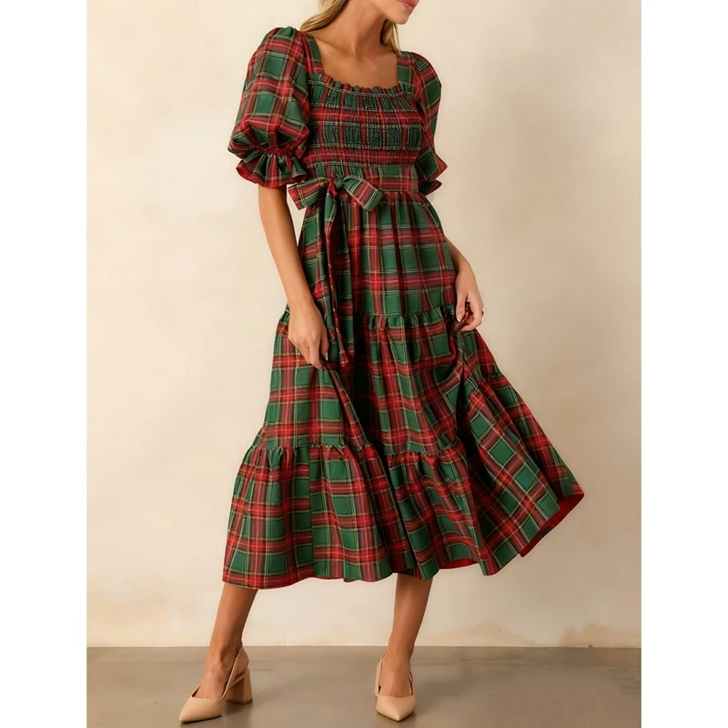 Sukienka damska Combhasaki, świąteczna, w kratę, zwiewna, maxi, styl Y2k, bufiaste rękawy, kwadratowy dekolt, falbany, marszczona, w kratkę gingham, na imprezę, z paskiem, długa.