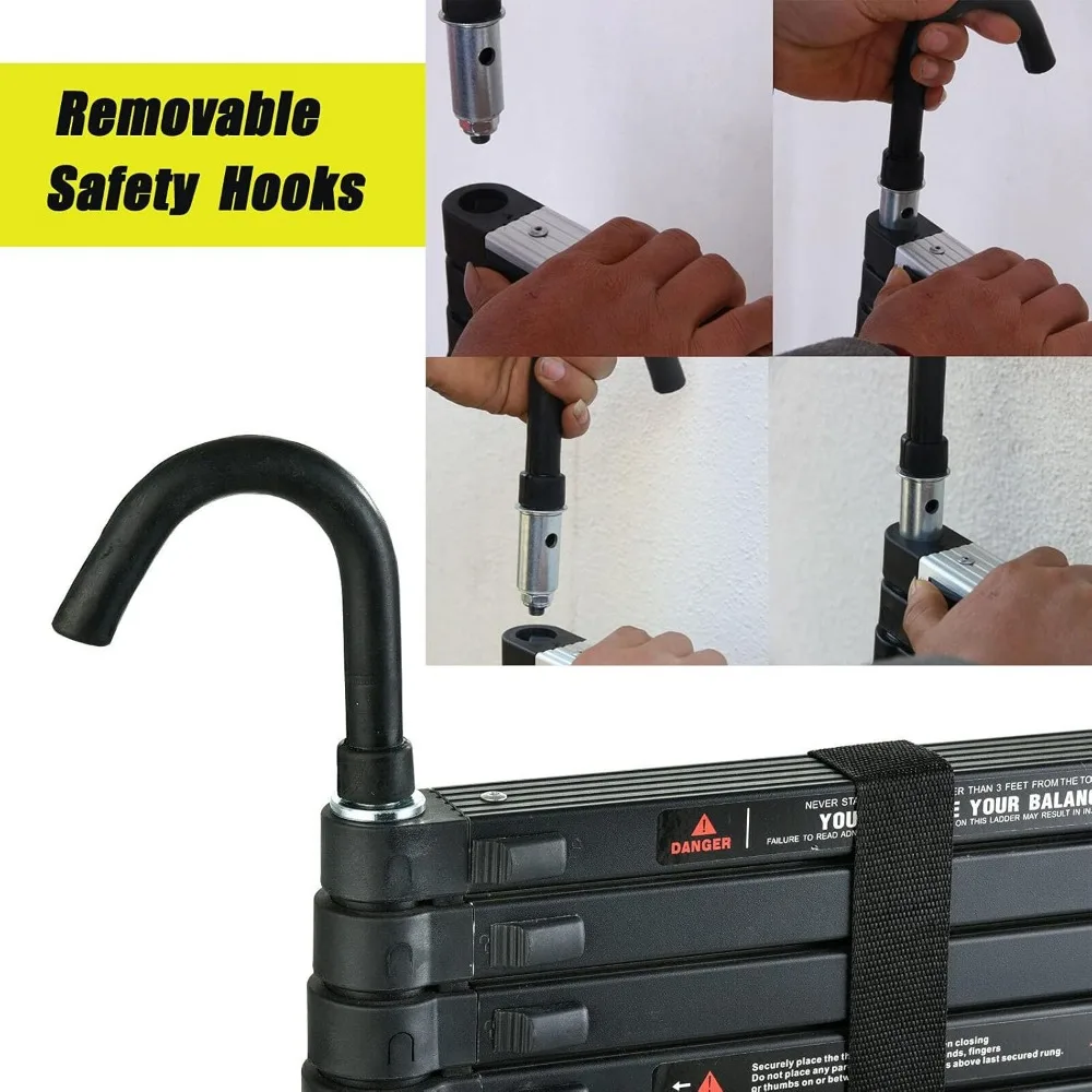 บันไดอลูมิเนียมสีดำแบบยืดหดได้สำหรับงานหนัก พร้อมตะขอที่ถอดออกได้ ความสูงพับเก็บได้ 2.8 ฟุต เพื่อการจัดเก็บที่ง่ายดาย