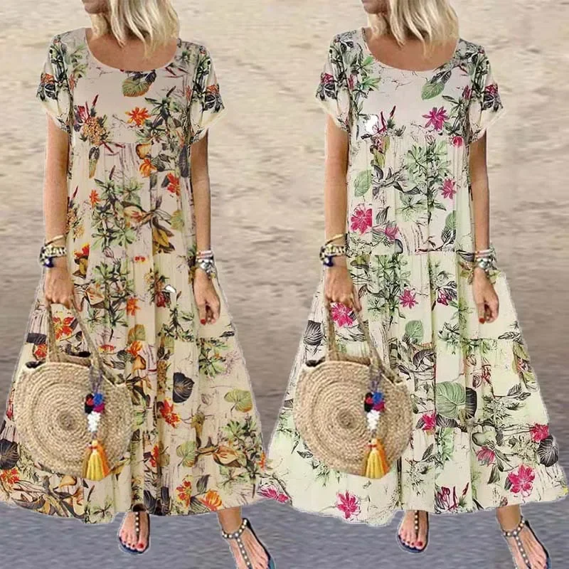 Vestido longo floral vintage feminino, boho, casual, solto, manga curta, vestidos femininos, praia, feriado, festa, maxi, verão