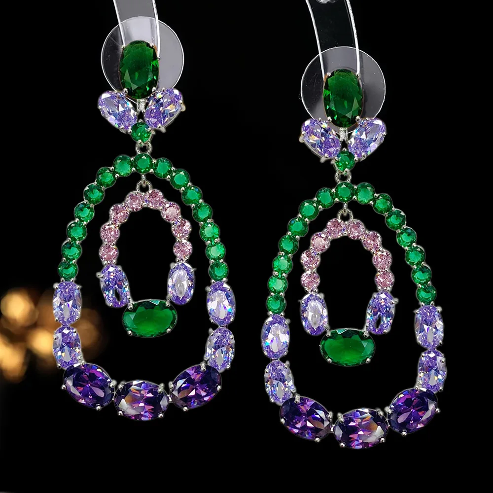 

Missvikki Oval Purple Green Crystal Earrings Oversize Ladys Long Geometric Dangle Earrings for Women Fashion Jewelry Gifts