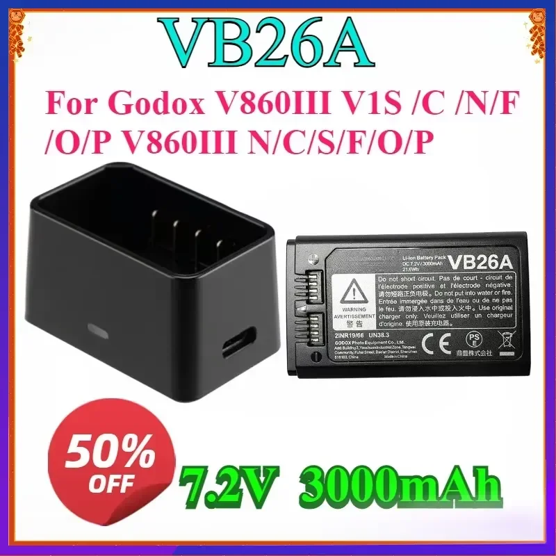 VC26 VB26 VB26A DC 3000mAh 21.6Wh USB Replacement Li-ion Battery Charger for Godox V860III V1S /C /N/F/O/P V860III
