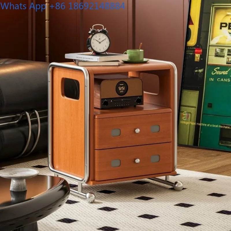 French Retro Solid Wood Treasure Box Bedside Table Stainless Steel Vintage Bedroom Side Cabinet Storage Cabinet