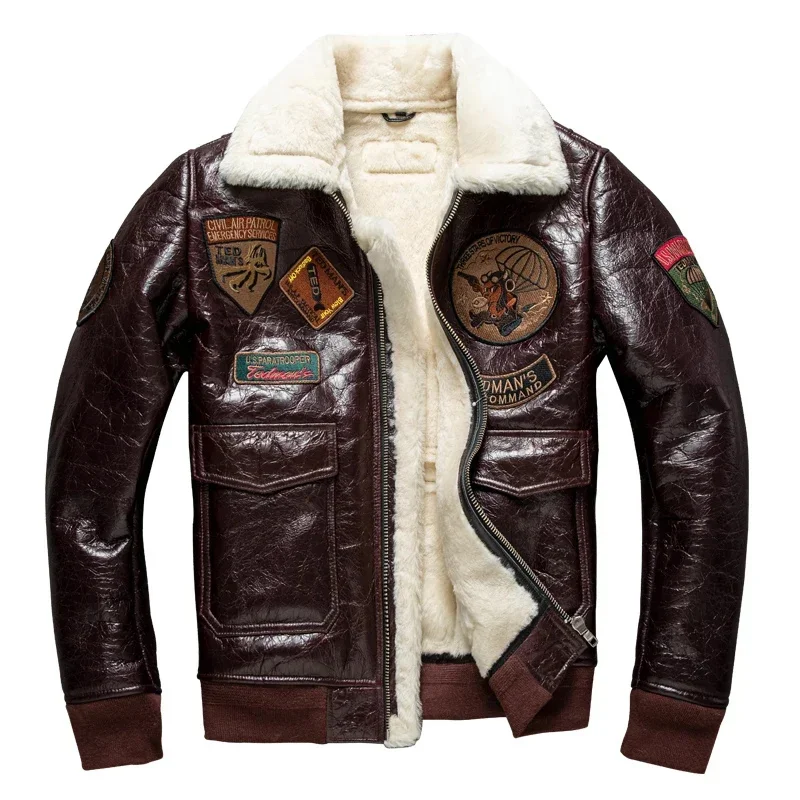 Chaqueta de lana de piel de lujo para hombre, chaquetas de cuero de invierno Vintage para motocicleta, ropa Bomber cálida de piel de oveja auténtica para piloto A2