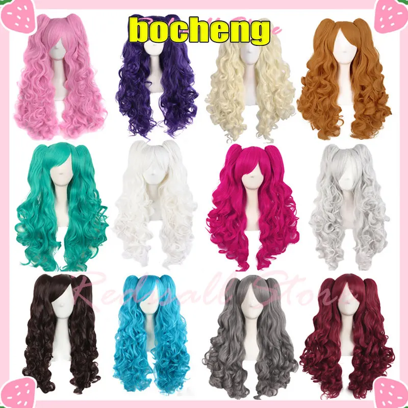 Multi-color Long Curly Ponytails Base Wig Twin Pigtails Gold Blonde Pink Blue Purple White Black Headwear Cosplay Basic Wigs