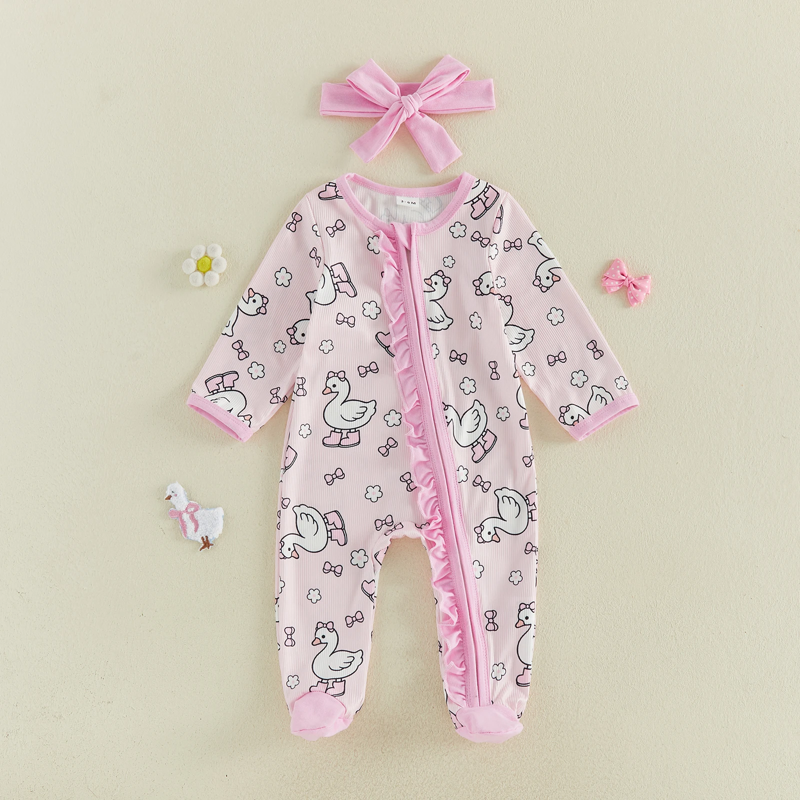 2 Pcs Infant Girl Fall Jumpsuits Outfit Long Sleeve Crew Neck Goose Floral Print Footed Romper With Headband Set
