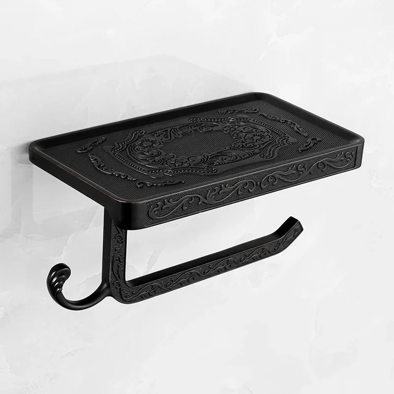 European Style Black Toilet Paper Holder Rack Carved Wall Mounted Zinc Black Roll Shelf With Mobile Phone Holder With Screws