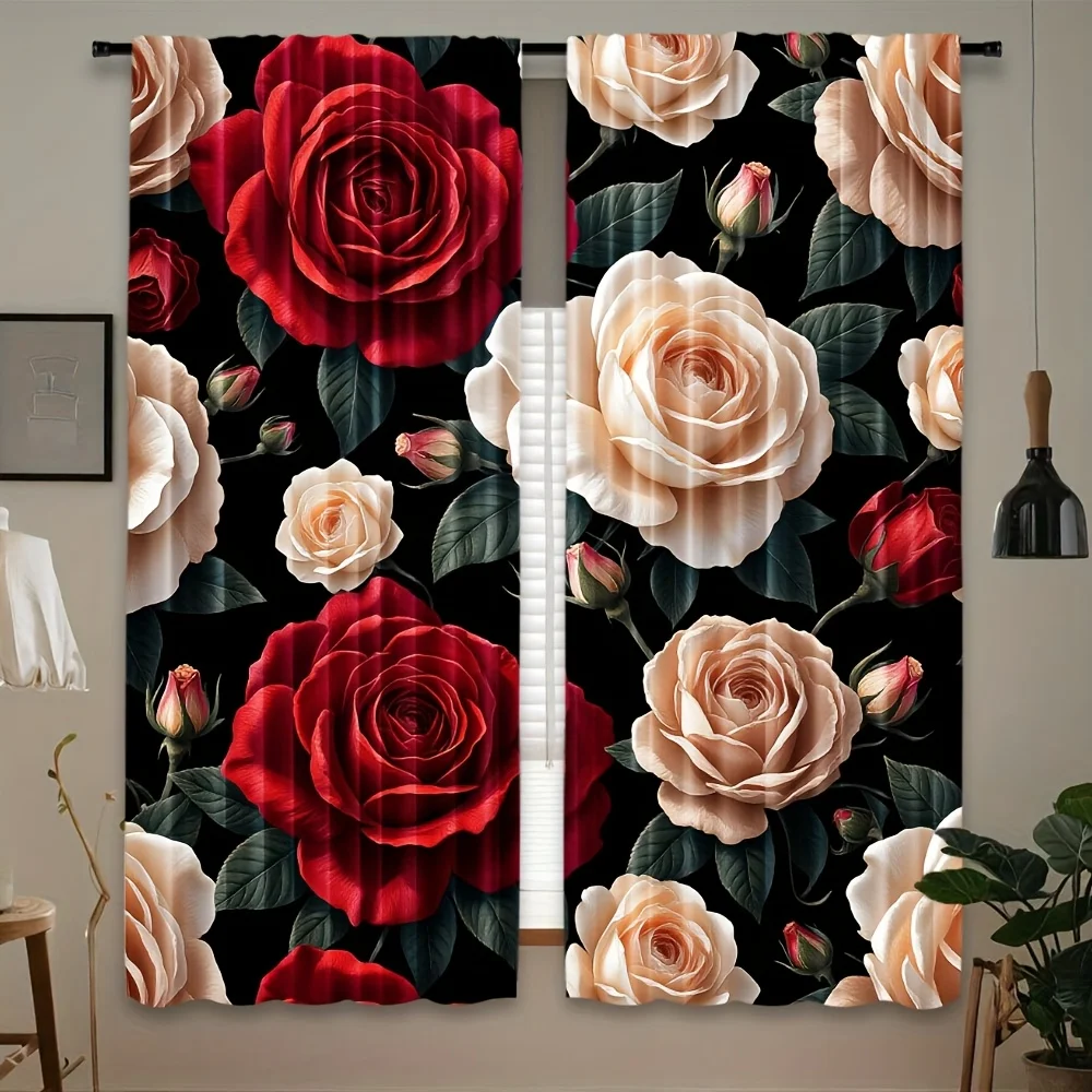 Contrast Color Rose Floral Theme Curtain 2 Panels Big Blooming Flower Bud Black Base Living Room Curtain Luxury Retro Home Decor