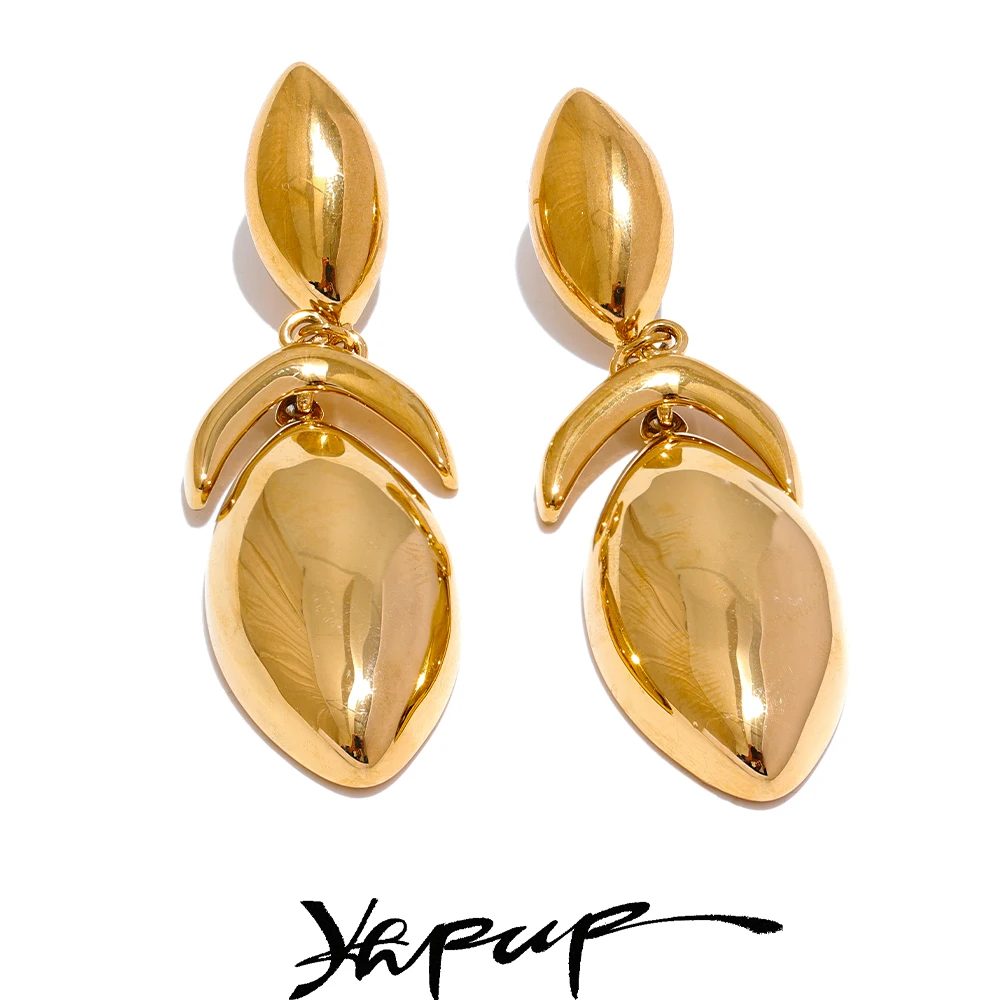 Yhpup แฟชั่น 316L สแตนเลสดอกไม้ใบ Big Drop Dangle ต่างหูกันน้ําสไตล์ Golden เครื่องประดับ