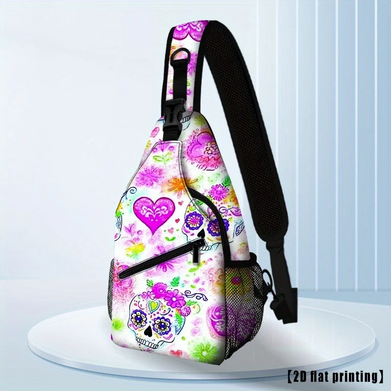 Mexico Sugar Skull Bag Mexican Day of The Dead Floral Pattern in Pink Purple Green Adjustable Crossbody Chest or Backpack