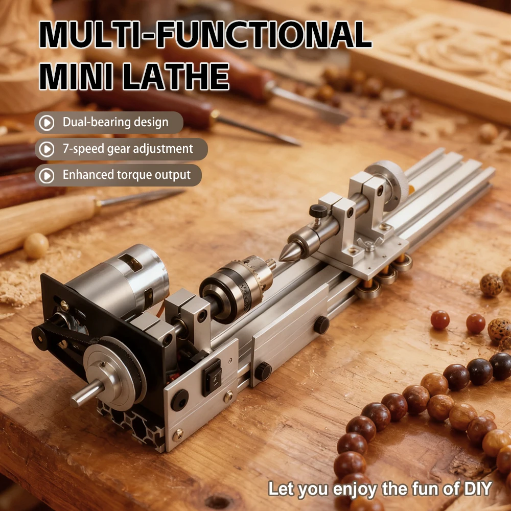 Electric Mini Lathe Machine Small Benchtop Woodworking Lathe Tool Compact DIY Lathe Machine for Model Making Crafts