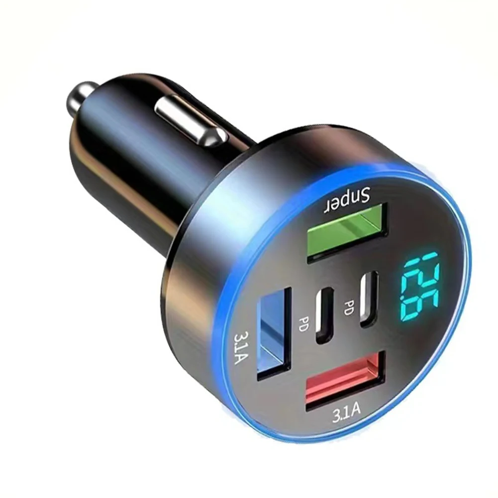 5 In 1 USB Car Phone Charger Adapter Dual PD Port Super Fast Charge 12V-24V DC 6A 130W LED Digital Display W Transparent Light