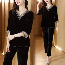 2023 Women's Black Silk Velvet Long sleeved Top and Pants Set Autumn Loose Large Solid Hollow Panel V-Neck Slim Two Piece Set