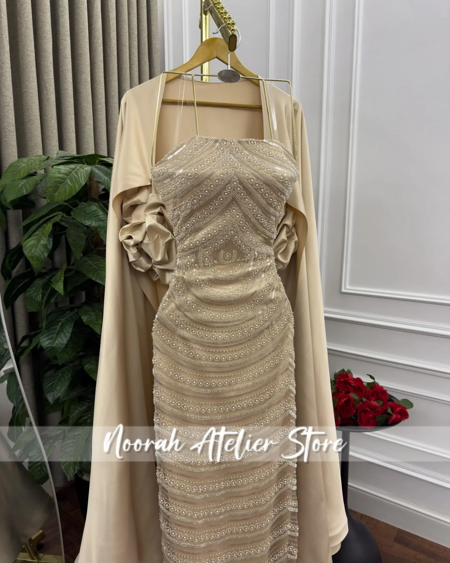 Aangepaste champagne parels kralen strapless Saoedi-Arabië luxe avondjurken met jas 2025, trouwjurk, formele kleding