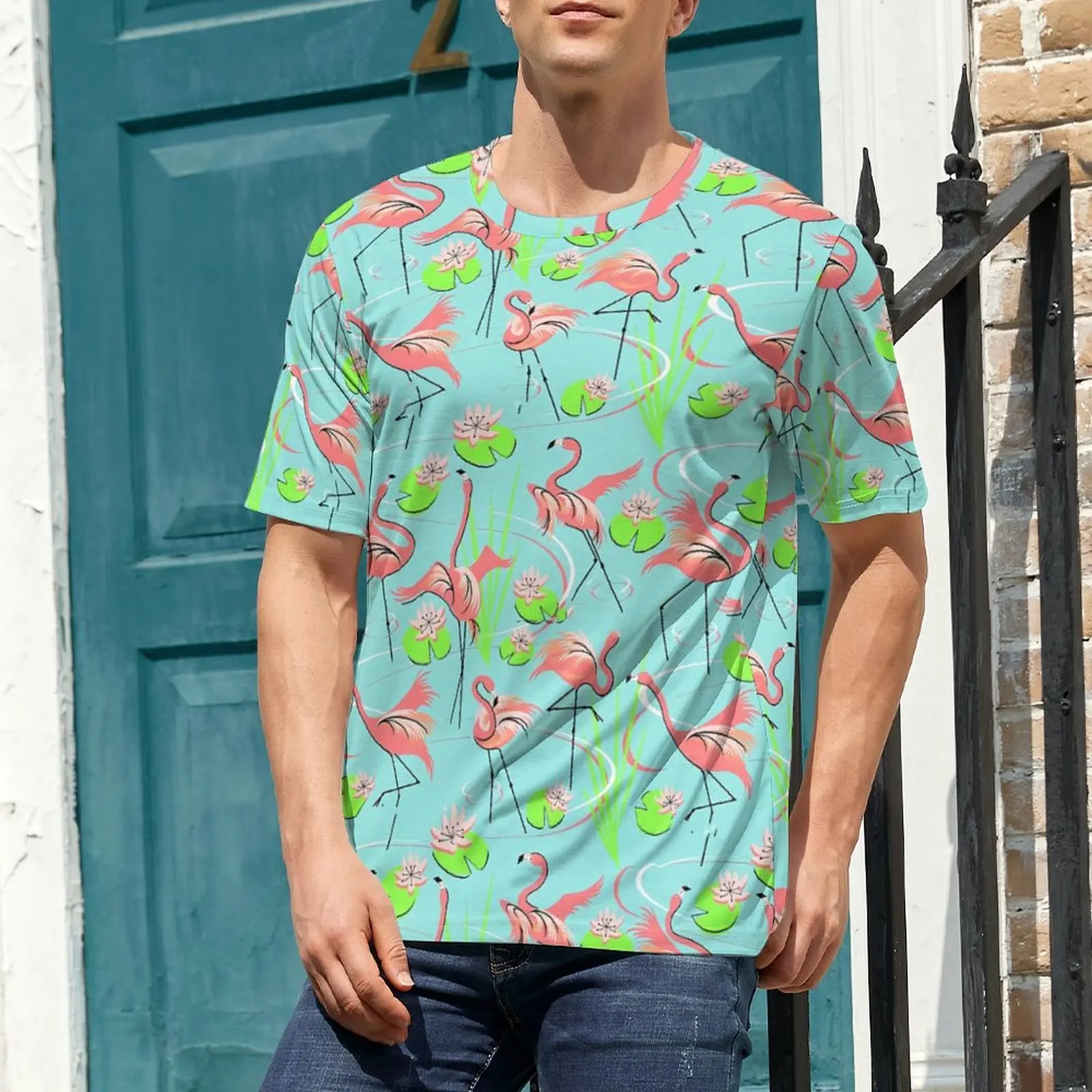 Tropical Birds T Shirt For Male Flamingo Fandango Graphic O Neck T Shirts Trendy Clothes Short Sleeve Oversized Tee Shirt