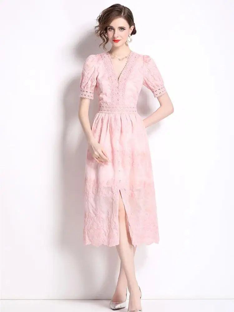 

Palace Style Retro Floral Embroidery Long Dress for Women Summer Lace Patchwork Square collar Slim Party Vestidos