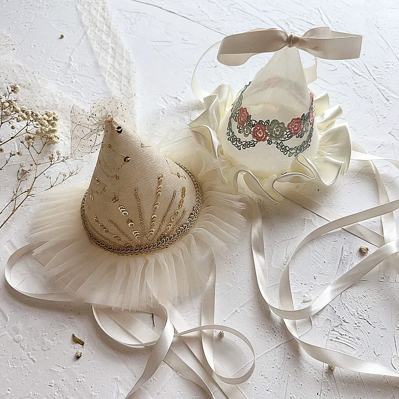 Lace Bow Baby Birthday Party Hat Embroidery Flower Princess Crown Cap Newborn Photography Props Kids Hair Accessories