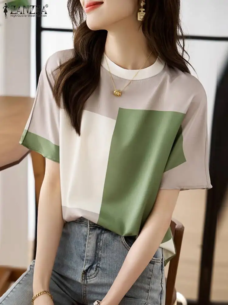 

ZANZEA Summer Elegant Color Block Blouse Women O Neck Short Sleeve OL Shirt Fashion Patchwork Tops Tunic Casual Blusas Chemise