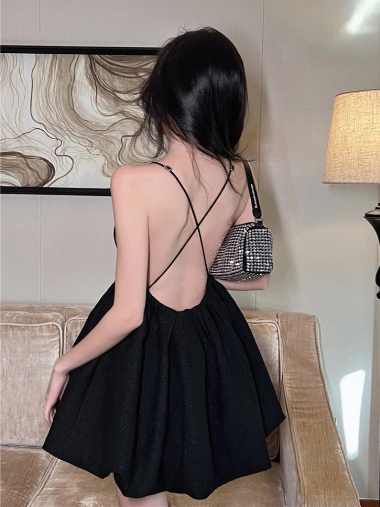 V-neck Mini Dress Women French Style Sweet Temperament Vintage Black Chic Sexy Fashion A-line Summer Backless Aesthetic Vestidos