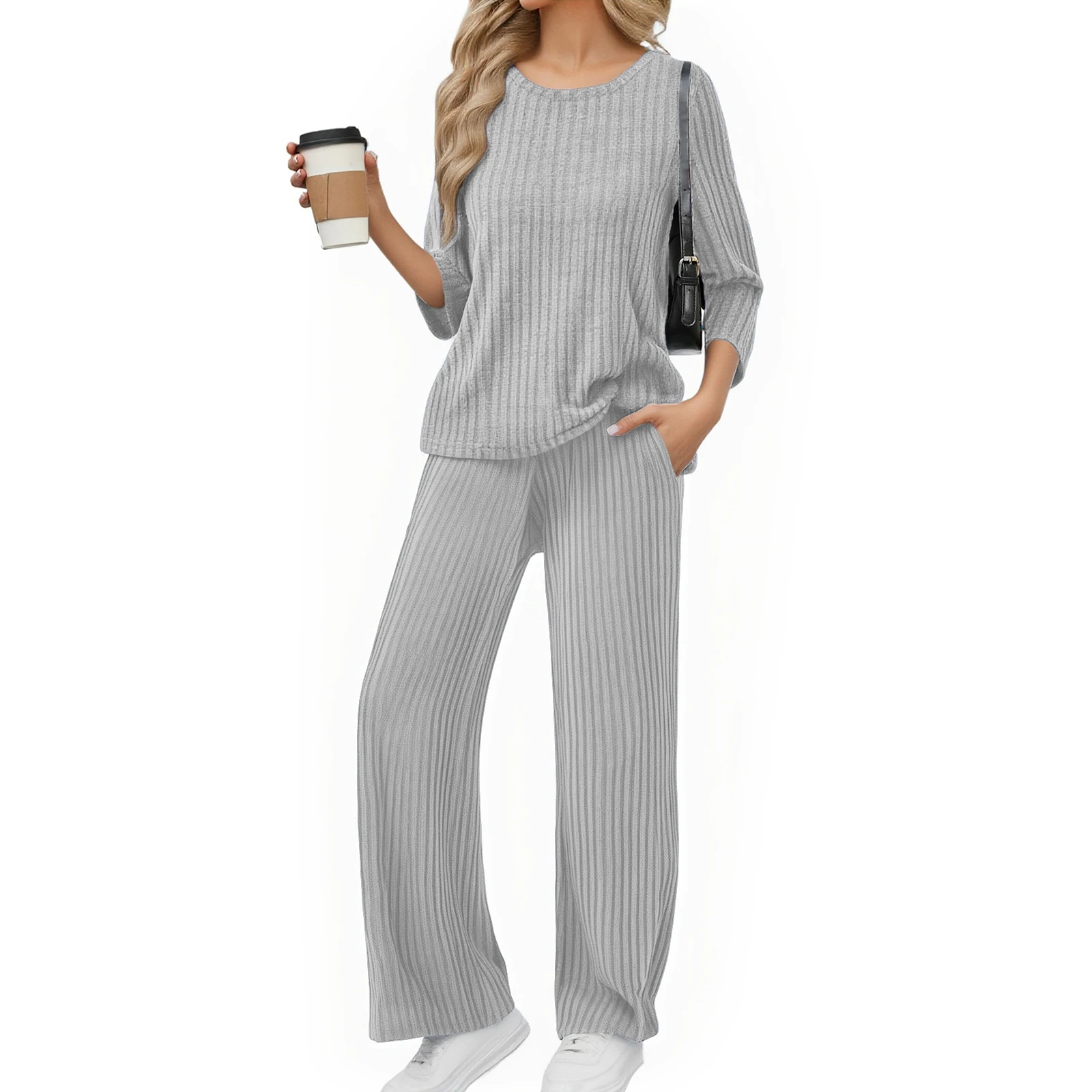 

Casual Loose V-Neck Knitted Set Comfortable Commute Style Women's Long Sleeve Polyester Blend Autumn Winter Straight Leg Pants