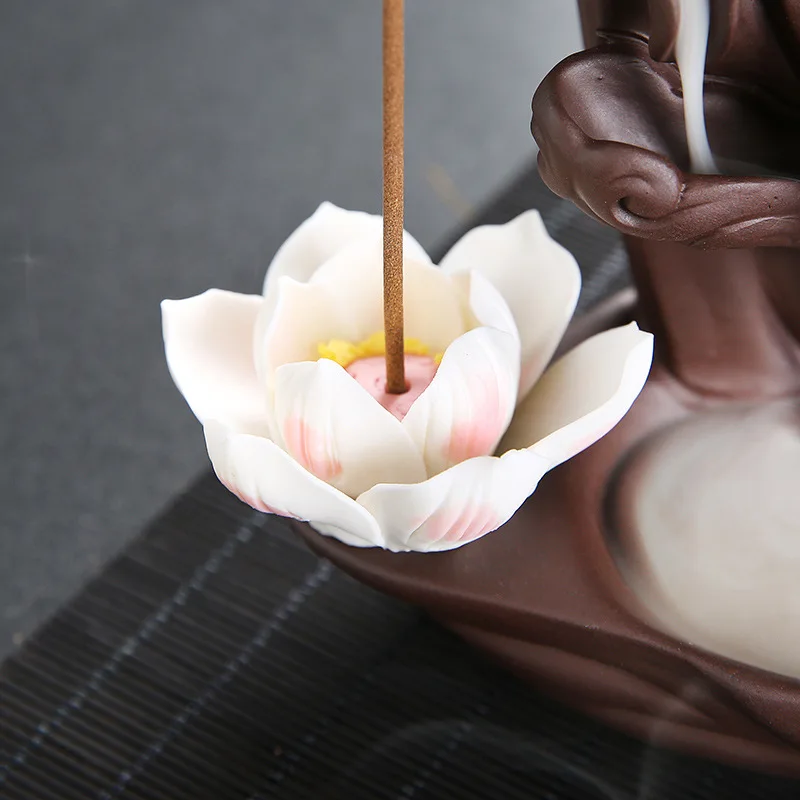 Gift 20Cones Zen Monk Buddha Hand Ceramic Incense Censer Backflow Stick Holder