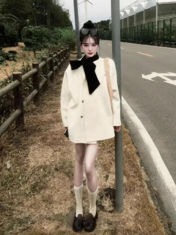 

Hebe Style Loose Fit Midi Coat Elegant Woolen Jacket Spring Fashionable Top for Petite Women Knot Long Sleeve
